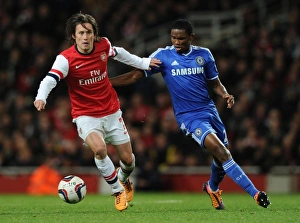 Arsenal V Chelsea - Capital One Cup 4th Rd 2013-14 Prints: Arsenal's Rosicky Outmaneuvers Chelsea's Eto'o in Capital One Cup Clash