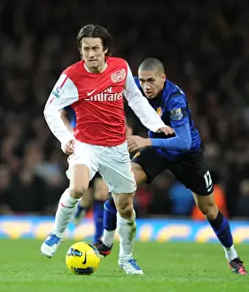 Arsenal V Manchester United 2011-12 Prints: Arsenal's Rosicky Outmaneuvers Manchester United's Smalling in Premier League Clash