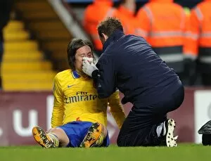Images Dated 13th January 2014: Arsenal's Rosicky Receives Medical Attention: Aston Villa vs Arsenal, Premier League 2013-14