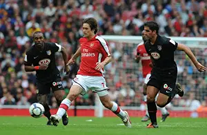 Arsenal V Athletico Madrid 2009-10 Prints: Arsenal's Rosicky Scores Against Athletico Madrid Duo Raul Garcia and Florent Sinama-Pongolle: Arsenal 2:1