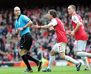 Arsenal V Norwich City 2011-12 Prints: Arsenal's Rosicky and Vermaelen Protest Referee Decision During Arsenal v Norwich City Match