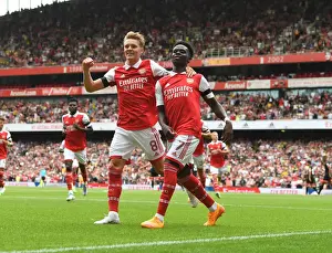 Arsenal V Sevilla - Emirates Cup 2022 Prints: Arsenal's Saka and Odegaard Celebrate First Goal in Emirates Cup Victory