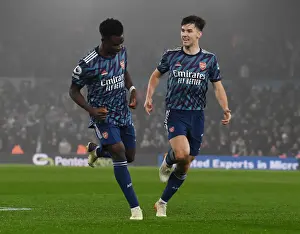 Arsenal's Saka and Tierney: Celebrating the Third Goal Against Leeds United (2021-22)