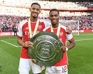 Arsenal V Manchester City - Community Shield 2023-24 Prints: Arsenal's Saliba and Timber Celebrate at 2023 Community Shield Against Manchester City
