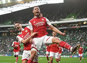 Sporting Lisbon V Arsenal 2022-23 Prints: Arsenal's Saliba and Vieira: United in Victory - Celebrating a Goal in Europa League Clash Against Sporting Lisbon