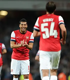 Arsenal V Coventry City - Capital One Cup 2012-13 Prints: Arsenal's Santos and Miquel Celebrate Fifth Goal Against Coventry City (Capital One Cup 2012-13)