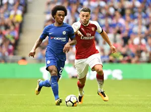 Arsenal V Chelsea - FA Community Shield 2017-18 Prints: Arsenal's Sead Kolasinac Clashes with Chelsea's Willian in FA Community Shield Showdown (2017-18)