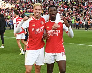 Arsenal V Manchester City - Community Shield 2023-24 Prints: Arsenal's Smith Rowe and Nketiah Celebrate at 2023 Community Shield Win Against Manchester City