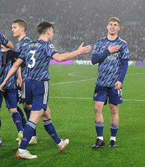 Arsenal's Smith Rowe and Tierney Celebrate Fourth Goal Against Leeds United (Premier League 2021-22)