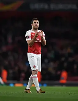 Arsenal V Valencia 2018-19 Prints: Arsenal's Sokratis Celebrates with Fans after Europa League Semi-Final First Leg vs Valencia