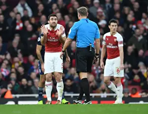 Arsenal V Fulham 2018-19 Prints: Arsenal's Sokratis Clashes with Referee during Arsenal v Fulham Premier League Match