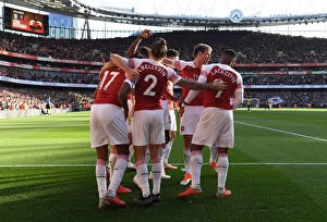 Images Dated 29th September 2018: Arsenal's Star Trio: Ozil, Lacazette, Bellerin Celebrate First Goal (2018-19)