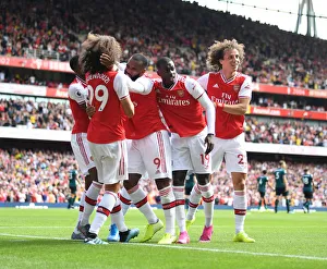 Arsenal's Stars: Guendouzi, Lacazette, Pepe, and Luiz Celebrate Second Goal vs. Burnley (2019-20 Premier League)