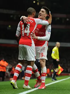 Arsenal V Leicester City 2014-15 Prints: Arsenal's Theo Walcott and Hector Bellerin Celebrate Goal Against Leicester City (2014-15)