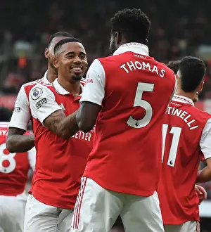 Arsenal's Thomas Partey and Gabriel Jesus Celebrate Goals Against Nottingham Forest (2022-23)