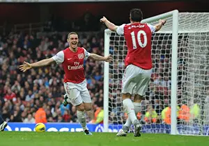 Arsenal V West Bromwich Albion 2011-12 Prints: Arsenal's Thomas Vermaelen and Robin van Persie Celebrate Goal Against West Bromwich Albion (2011-12)