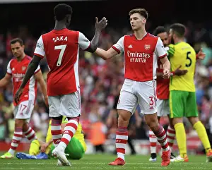 Arsenal's Tierney and Saka in Action: Arsenal vs Norwich City, Premier League 2021-22