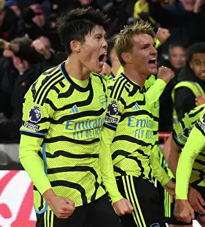Brentford V Arsenal 2023-24 Prints: Arsenal's Tomiyasu and Odegaard Celebrate Goal Against Brentford in 2023-24 Premier League
