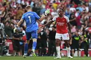 Arsenal V Manchester United 2023-24 Prints: Arsenal's Triumph: Gabriel and Ramsdale Celebrate Third Goal vs