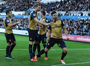 Swansea City V Arsenal 2015-16 Prints: Arsenal's Triumph: Giroud, Ozil, Mertesacker Celebrate Goal at Swansea City (2015-16)