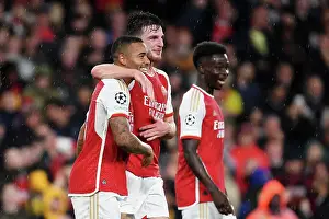 Arsenal V PSV Eindhoven 2023-24 Prints: Arsenal's Triumph: Jesus & Rice Celebrate Third Goal vs PSV Eindhoven in 2023-24 UCL