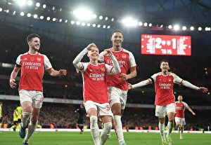 Arsenal's Triumph: Zinchenko, Rice, Saliba, and Martinelli Celebrate Goals Against Burnley (2023-24)