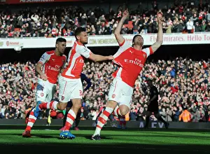 Arsenal Everton 2014-15 Prints: Arsenal's Triumphant Trio: Unforgettable Celebration After Giroud's Goal vs Everton (2014-15)