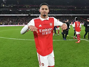 Arsenal V Manchester United 2022-23 Prints: Arsenal's Triumphant Victory Over Manchester United: William Saliba's Emotional Celebration (2022-23)