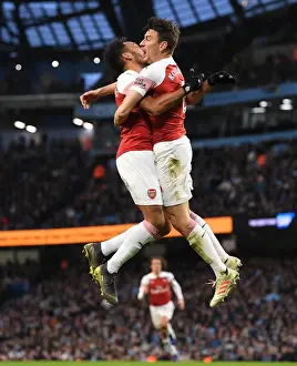 Manchester City V Arsenal 2018-19 Prints: Arsenal's Unforgettable Goal: Koscielny and Aubameyang's Epic Celebration vs