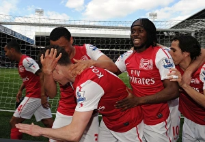 Arsenal's Unforgettable Triumph: Koscielny, Benayoun, Gervinho, and Coquelin Celebrate Goals Against West Bromwich Albion (2011-12)