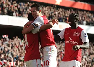 Arsenal V Tottenham 2011-12 Prints: Arsenal's Unforgettable Victory: Walcott and van Persie Celebrate Goal Against Tottenham