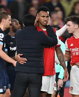 Arsenal's Victory: Mikel Arteta Consoles Gabriel after Arsenal v West Ham United (2021-22)