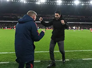 Arsenal V Manchester United 2022-23 Prints: Arsenal's Victory: Mikel Arteta and Steve Round Celebrate Over Manchester United in the Premier League