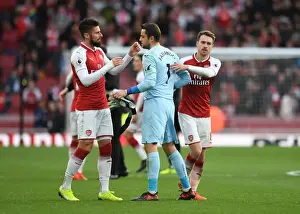 Arsenal V Swansea City 2017-18 Prints: Arsenal's Victory: Ramsey and Giroud Celebrate with Former Teams Goalkeeper Fabianski
