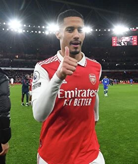Images Dated 1st March 2023: Arsenal's William Saliba Celebrates Victory Over Everton in Premier League Clash, 2022-23