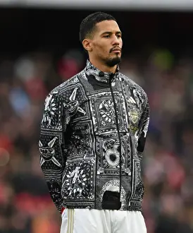 Arsenal's William Saliba Gears Up Before Arsenal v Brighton & Hove Albion, Premier League 2023-24