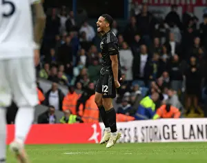 Arsenal's William Saliba Reacts at the Final Whistle vs Leeds United (Premier League 2022-23)