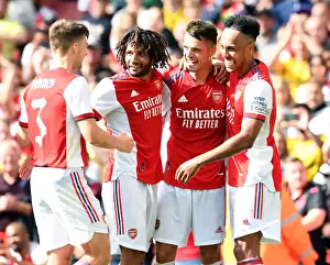 Arsenal V Chelsea - Pre Season Friendly 2021-22 Prints: Arsenal's Xhaka, Elneny, and Aubameyang Celebrate Goal Against Chelsea in Pre-Season Friendly