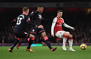Arsenal V Huddersfield Town 2017-18 Prints: Arsenal's Xhaka Fends Off Huddersfield Duo Welbeck, Hadergjonaj