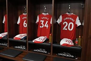 Images Dated 25th February 2023: Arsenal's Xhaka and Jorginho Jerseys in Leicester Changing Room - Premier League Clash 2022-23