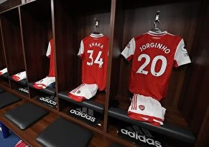 Images Dated 25th February 2023: Arsenal's Xhaka and Jorginho Jerseys in Leicester City Changing Room - Premier League Clash 2022-23
