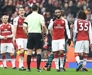 Arsenal V Southampton 2017-18 Prints: Arsenal's Xhaka and Lacazette Protest Referee Decision During Arsenal v Southampton Premier League Match