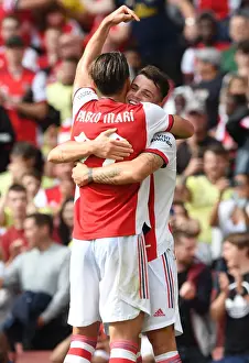 Arsenal V Chelsea - Pre Season Friendly 2021-22 Prints: Arsenal's Xhaka and Mari Celebrate Goal Against Chelsea: Pre-Season Thriller at Emirates Stadium