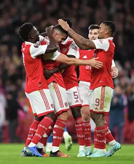 Arsenal's Xhaka and Saka Celebrate Goal Against PSV Eindhoven in Europa League