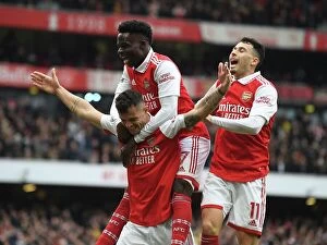 Images Dated 1st April 2023: Arsenal's Xhaka, Saka, and Martinelli Celebrate Goals Against Leeds United in 2022-23 Premier League