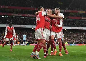 Arsenal's Xhaka, Zinchenko and Trossard: Celebrating a Goal Against Brentford (2022-23)