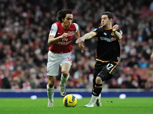 Arsenal V Wolverhampton Wanderers 2011-2012 Prints: Arsenal's Yossi Benayoun Outmaneuvers Wolves Matt Jarvis during Premier League Clash