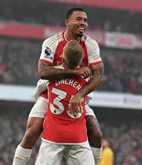 Arsenal's Zinchenko and Jesus Celebrate Goal Against Wolverhampton Wanderers in 2023-24 Premier League