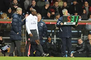 Arsene Wenger the Arsenal Manager with sub Sol Campbell (Arsenal). Aston Villa 0