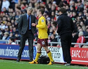 Images Dated 9th February 2013: Arsene Wenger Checks on Jack Wilshere: Sunderland vs Arsenal, 2013